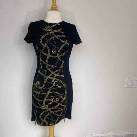 Michael Kors Black Gold Chainlink Print Ponte Zipper Sheath Dress Sz XS Classic - Picture 1 of 16